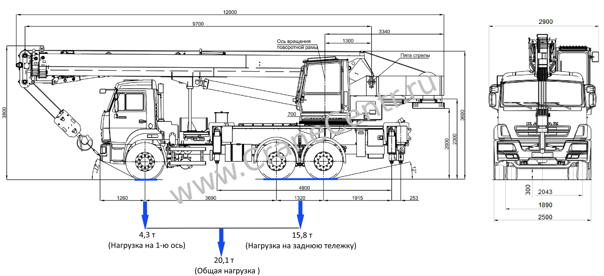 Автокран Галичанин КС-55713-1Л 25 тонн 23,7 метра KAMAЗ 65115 6х4 габаритные размеры